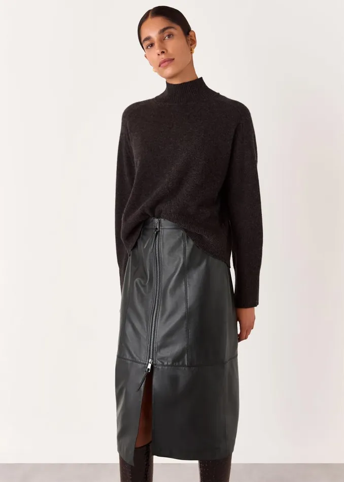 Women Skirts Whistles Black Zip Front Leather Pencil Skirt