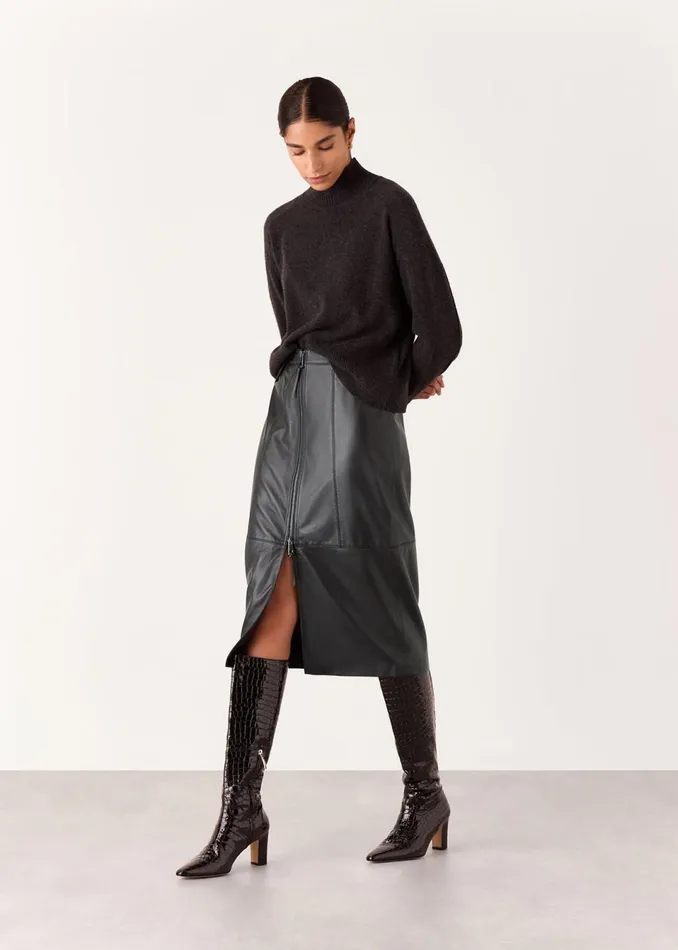 Women Skirts Whistles Black Zip Front Leather Pencil Skirt