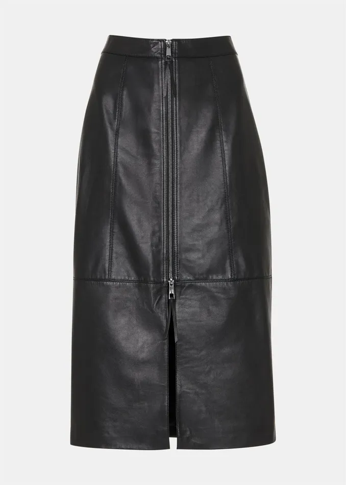 Women Skirts Whistles Black Zip Front Leather Pencil Skirt