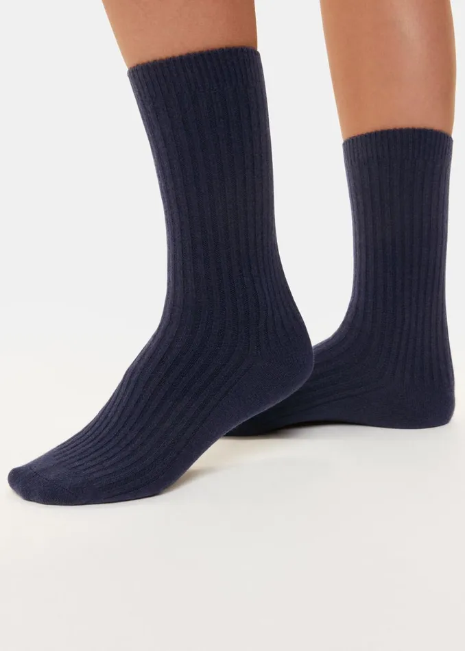 Women Socks and Tights Whistles Navy Cashmere Ribbed Socks