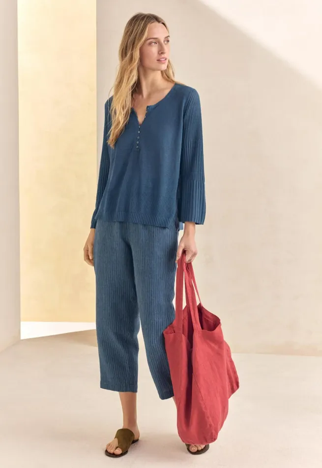 Women Striped Pullon Trousers Petrol Blue Poetry Fashion Trousers and Shorts