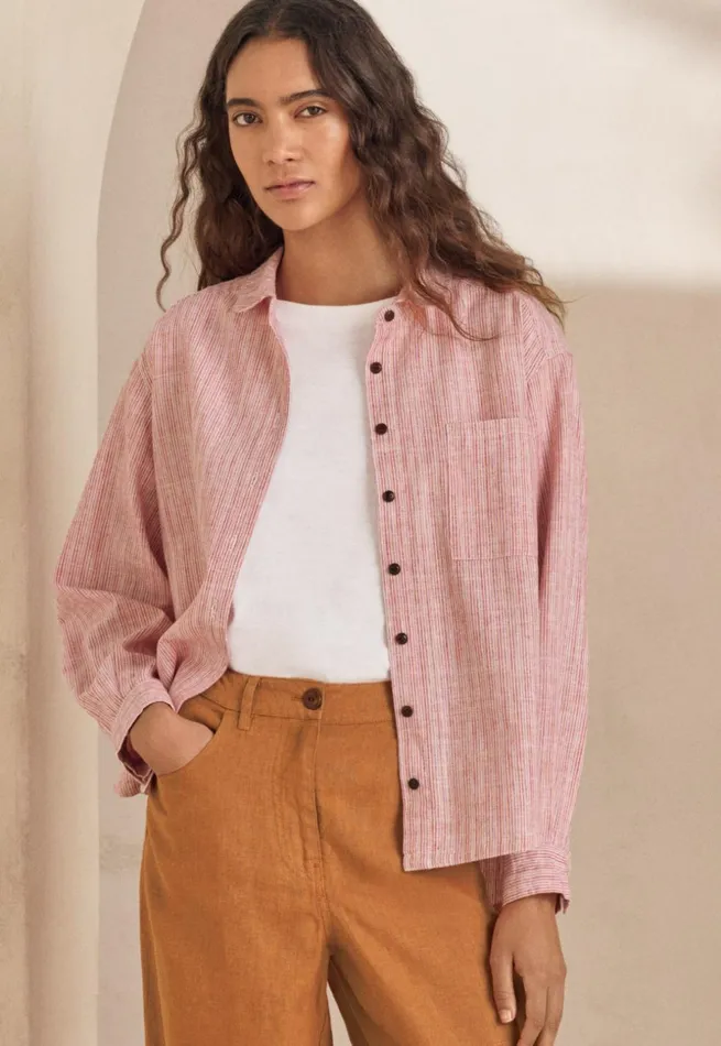 Women Striped Shirt Soft Coral Poetry Fashion Shirts and Tunics