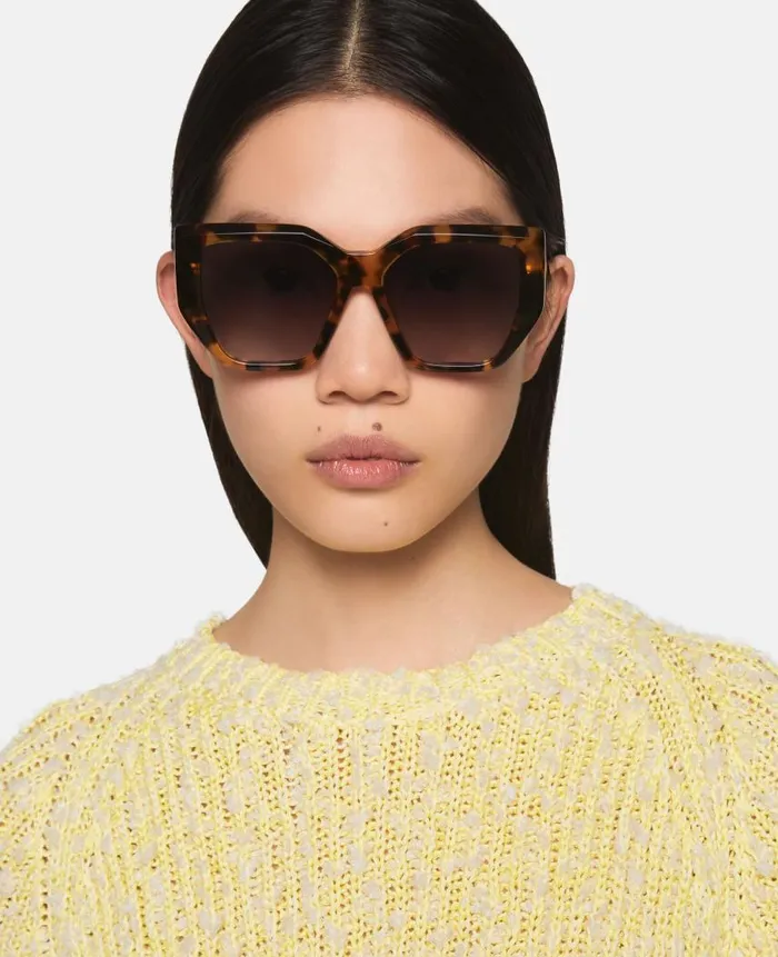 Women Sunglasses Stella McCartney Chunky Square CatEye Sunglasses Glossy Dark Havana
