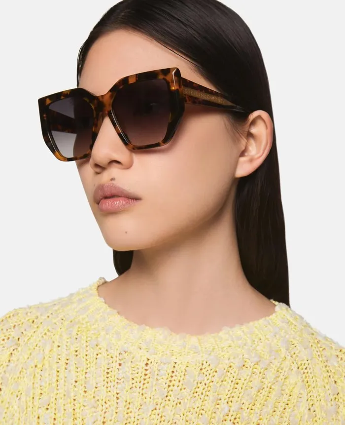 Women Sunglasses Stella McCartney Chunky Square CatEye Sunglasses Glossy Dark Havana