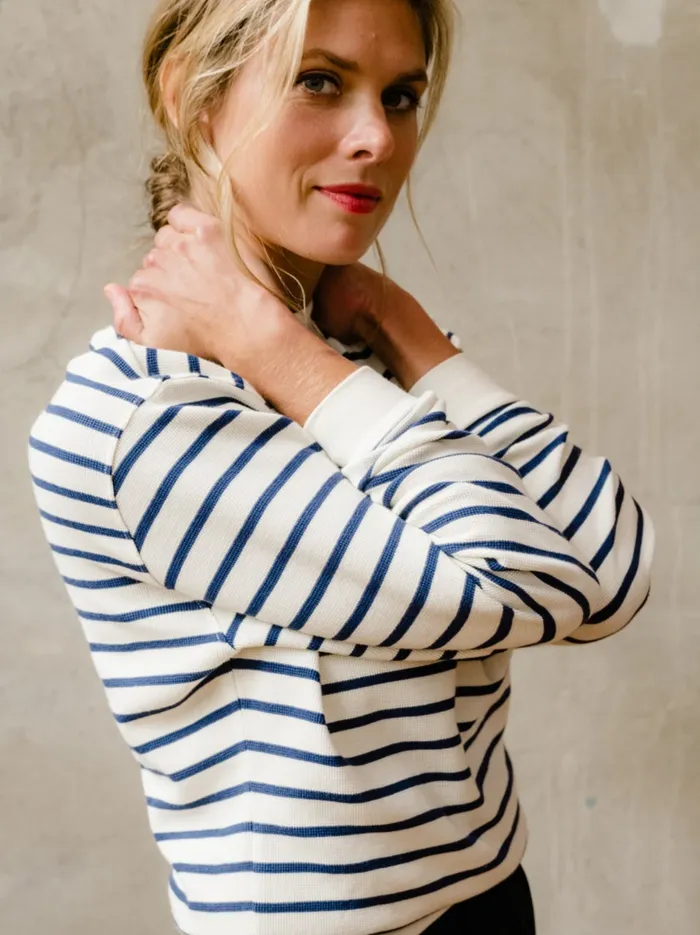 Women Sweaters Able Brea Waffle Sweatshirt MidnightAlmond Stripe