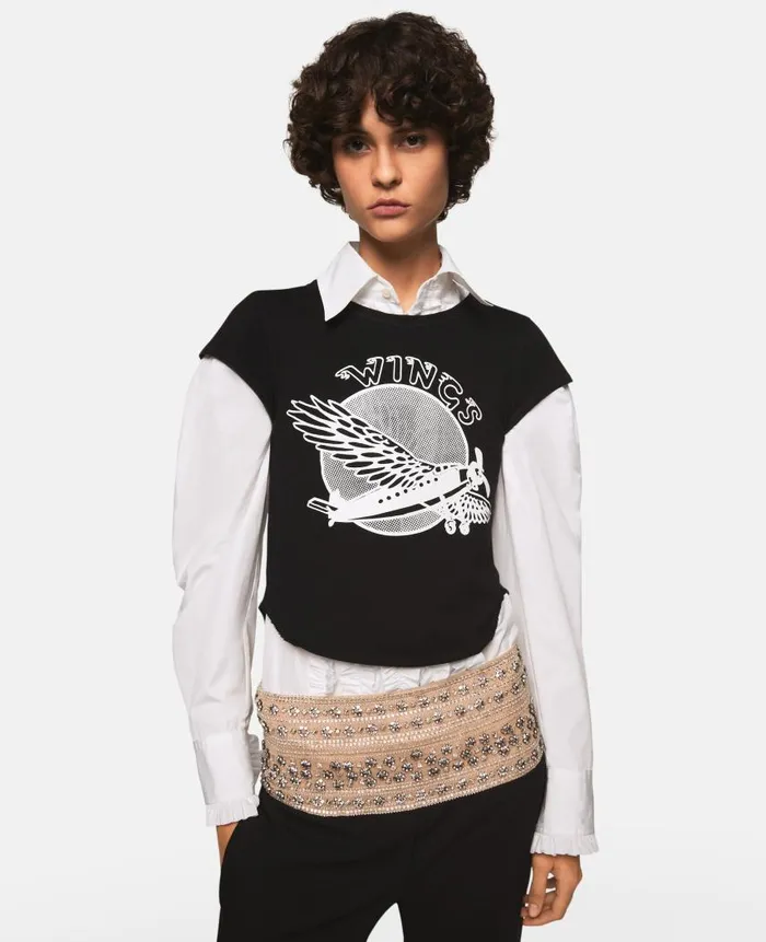 Women Sweatshirts And TShirts Stella McCartney Wings Graphic Cotton Baby Tee Midnight Black