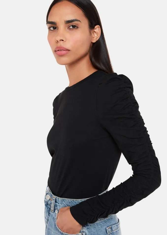 Women TShirts Whistles Black Ruched Sleeve Top