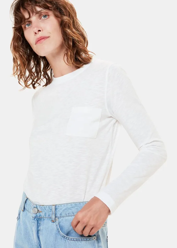 Women TShirts Whistles White Crew Neck Pocket Top