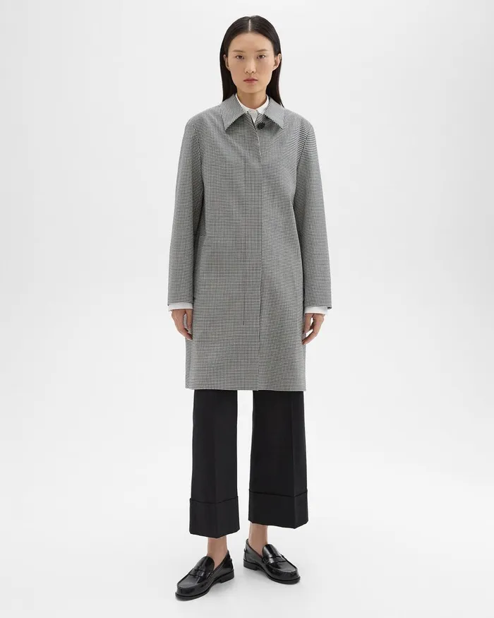 Women Theory Outerwear Car Coat In Checked Stretch Wool Black Multi