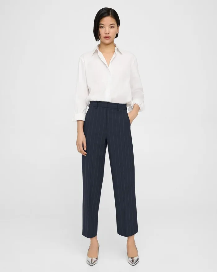 Women Theory Pants HighWaist StraightLeg Pant In Striped Stretch Wool Deep Navy