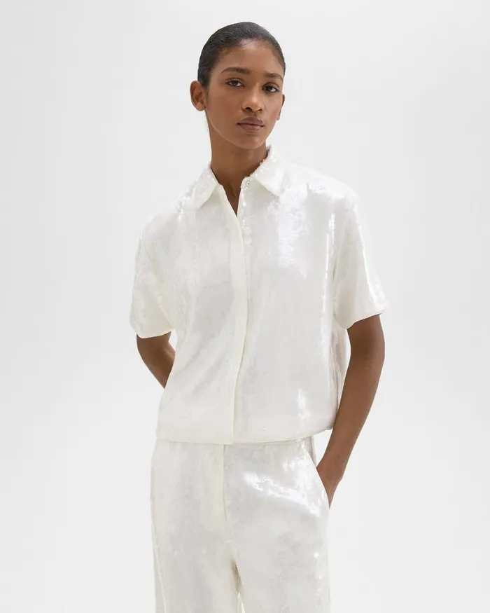 Women Theory Tops Cropped ShortSleeve Shirt In Recycled Sequins White