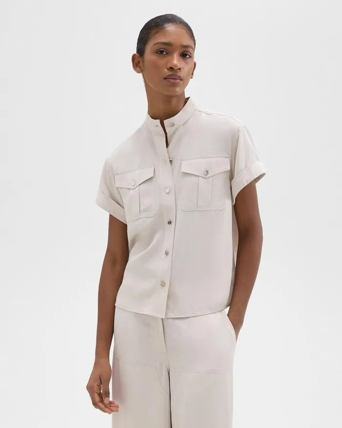 Women Theory Tops Military Shirt In Fluid Twill New Sand