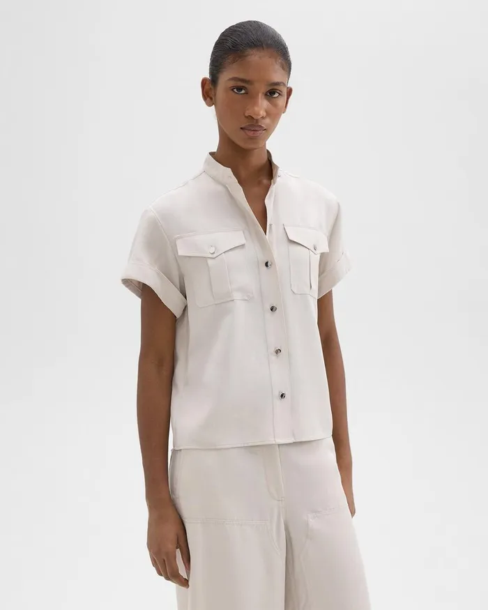 Women Theory Tops Military Shirt In Fluid Twill New Sand