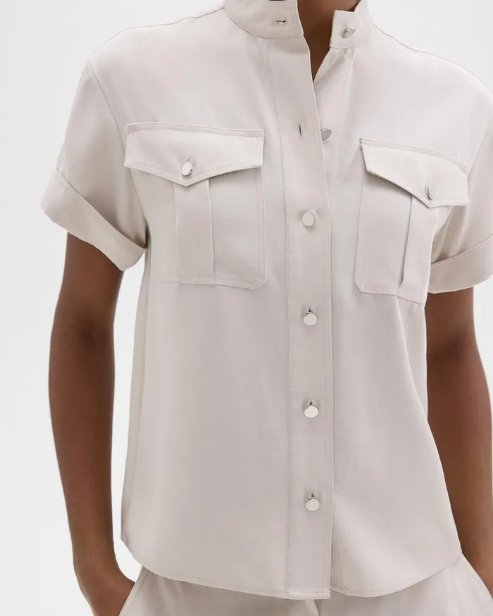 Women Theory Tops Military Shirt In Fluid Twill New Sand