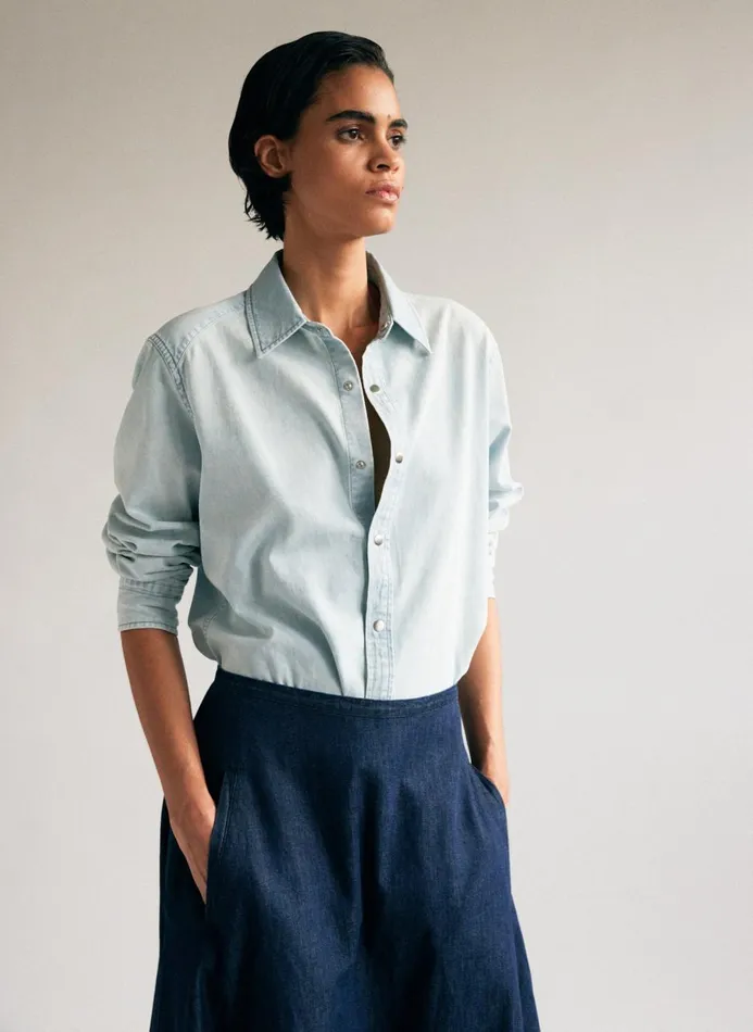 Women Tops Tibi Summer Denim Charlie Slim Men039s Shirt Bleached Denim