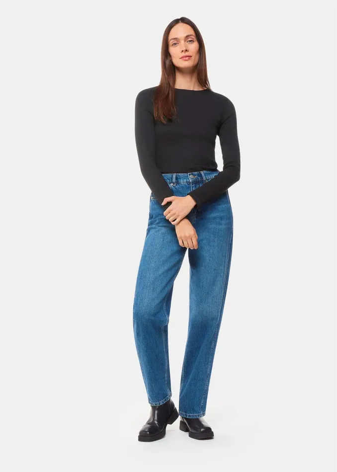 Women Tops Whistles Black High Neck Long Sleeve Rib Top