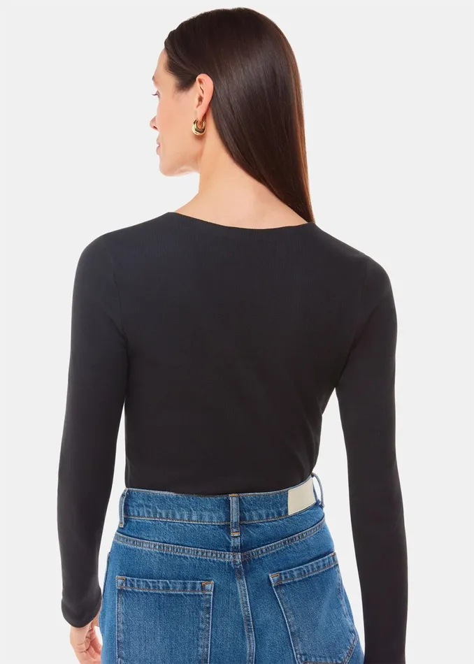 Women Tops Whistles Black High Neck Long Sleeve Rib Top
