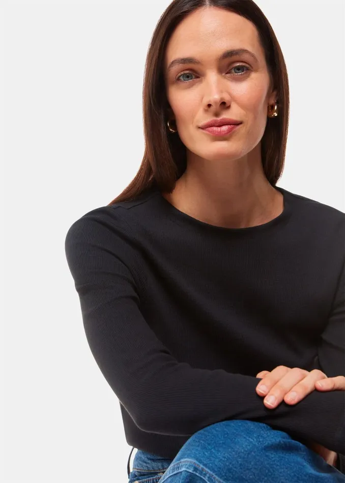 Women Tops Whistles Black High Neck Long Sleeve Rib Top