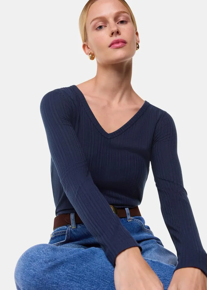 Women Tops Whistles Navy Diagonal Rib V Neck Top