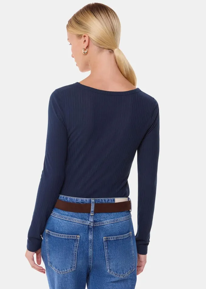 Women Tops Whistles Navy Diagonal Rib V Neck Top