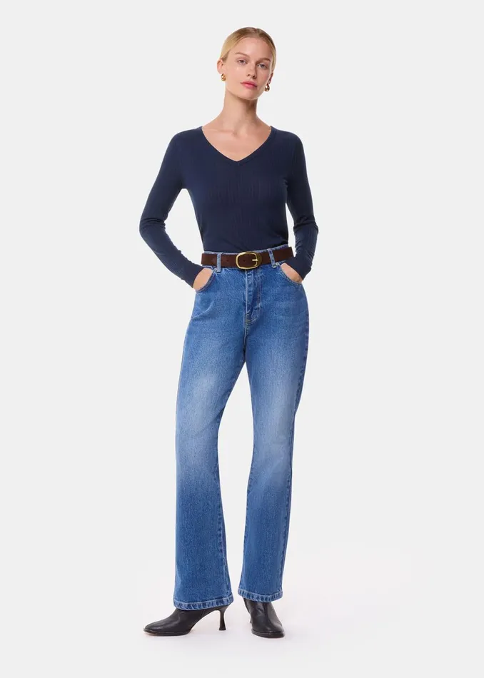 Women Tops Whistles Navy Diagonal Rib V Neck Top