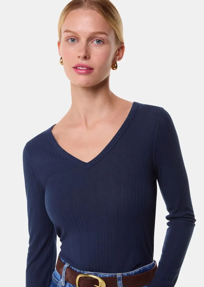 Women Tops Whistles Navy Diagonal Rib V Neck Top