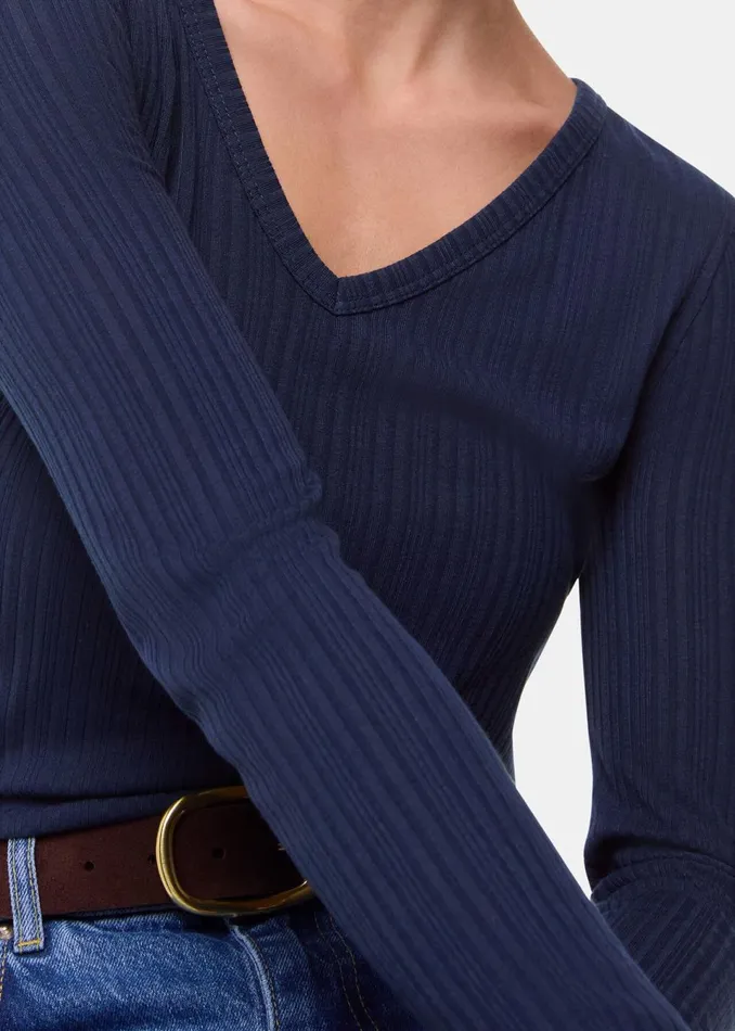 Women Tops Whistles Navy Diagonal Rib V Neck Top