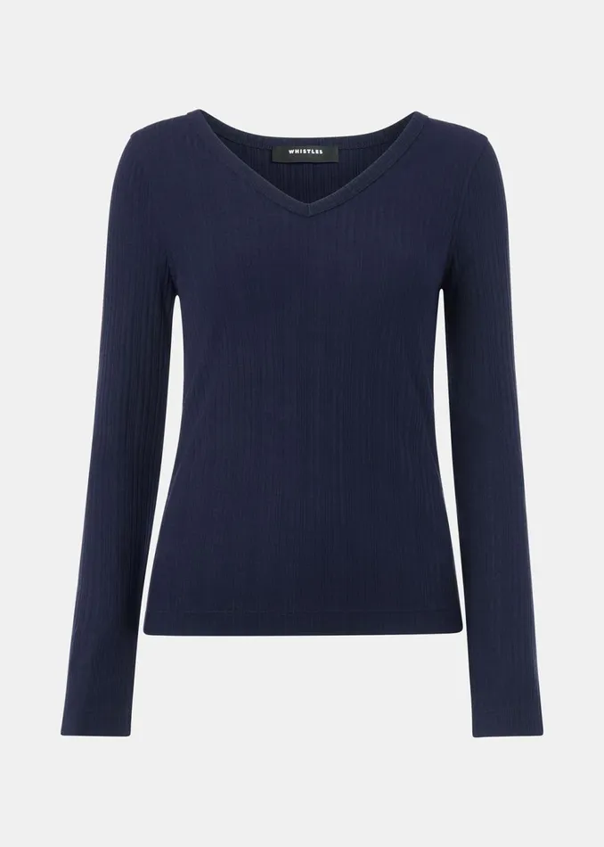 Women Tops Whistles Navy Diagonal Rib V Neck Top