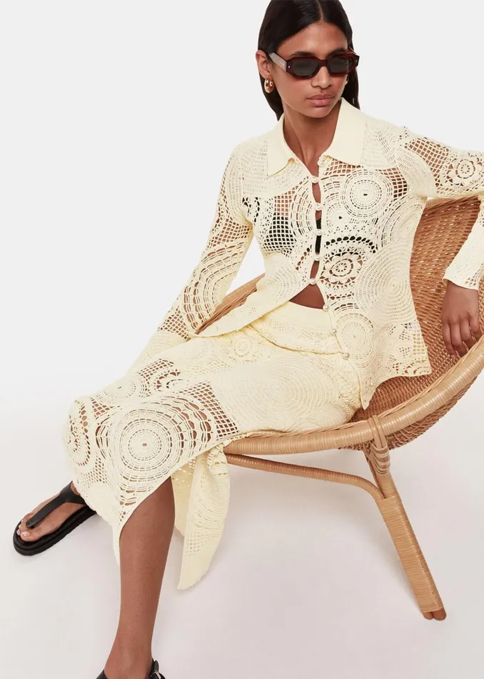 Women Tops Whistles Yellow Crochet Circle Shirt