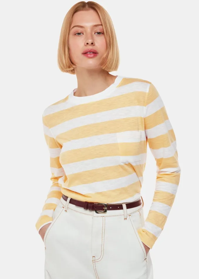 Women Tops Whistles Yellow Stripe Crew Neck Pocket Top