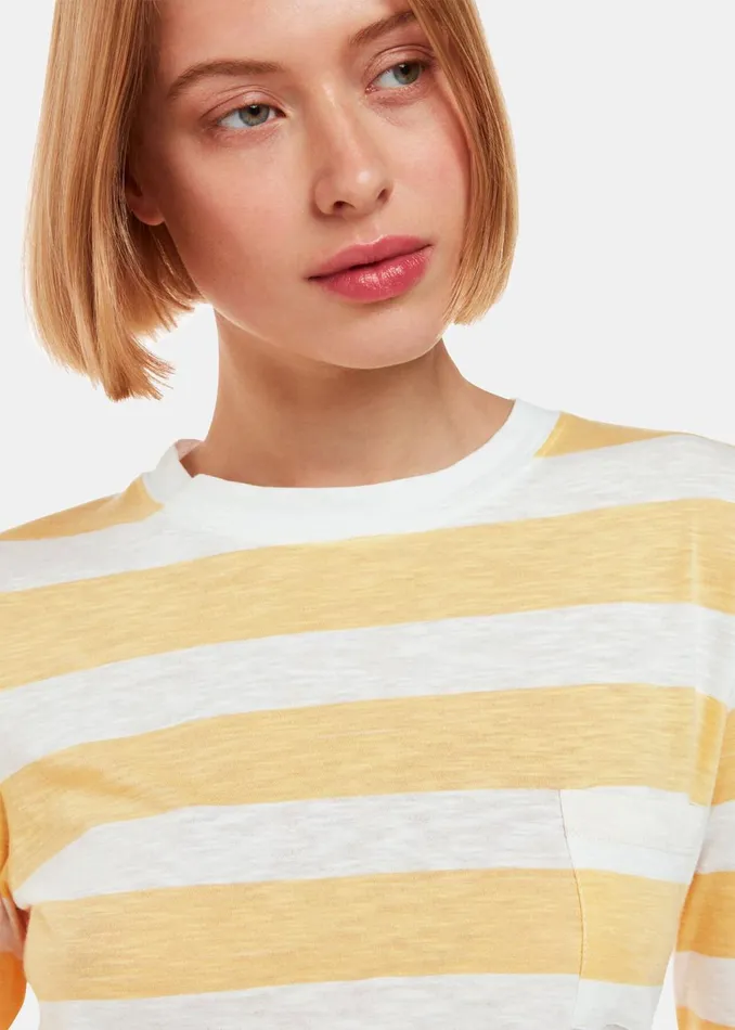 Women Tops Whistles Yellow Stripe Crew Neck Pocket Top