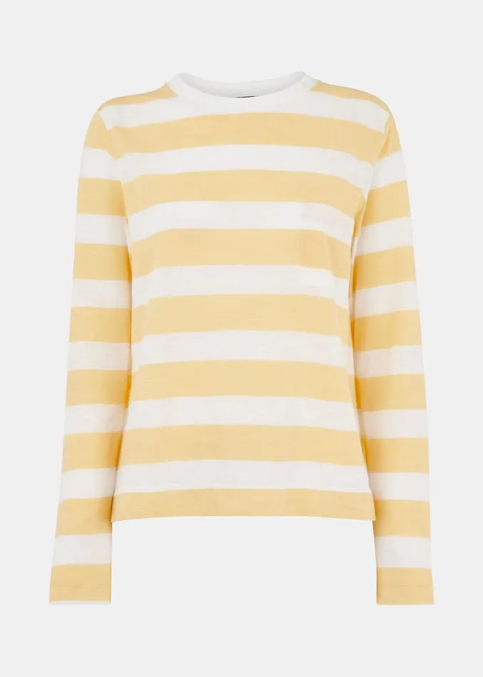 Women Tops Whistles Yellow Stripe Crew Neck Pocket Top